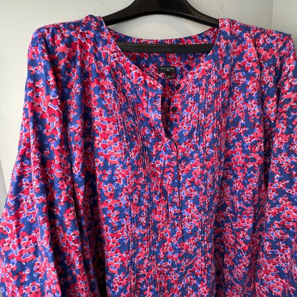 Talbots Woman 3X Floral Smocked Blouse Ruffle Cuff Cotton Blend Red Blue Pink - Picture 4 of 9
